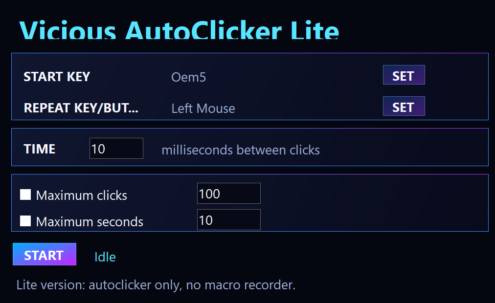 Interfaz de Vicious AutoClicker